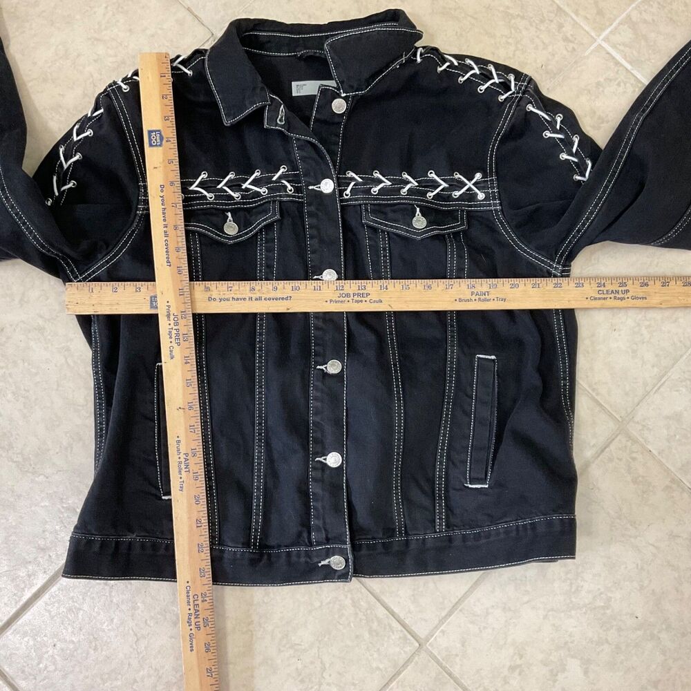 Topshop Moto Denim Jacket Lace Up Details Pockets wms. Size 12 Black Lace detail - Picture 8 of 15